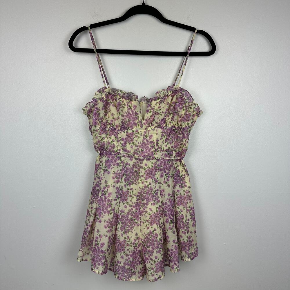 2bella Womens Sleeveless Ruffle Lined Floral Purple/Beige Short Romper Medium